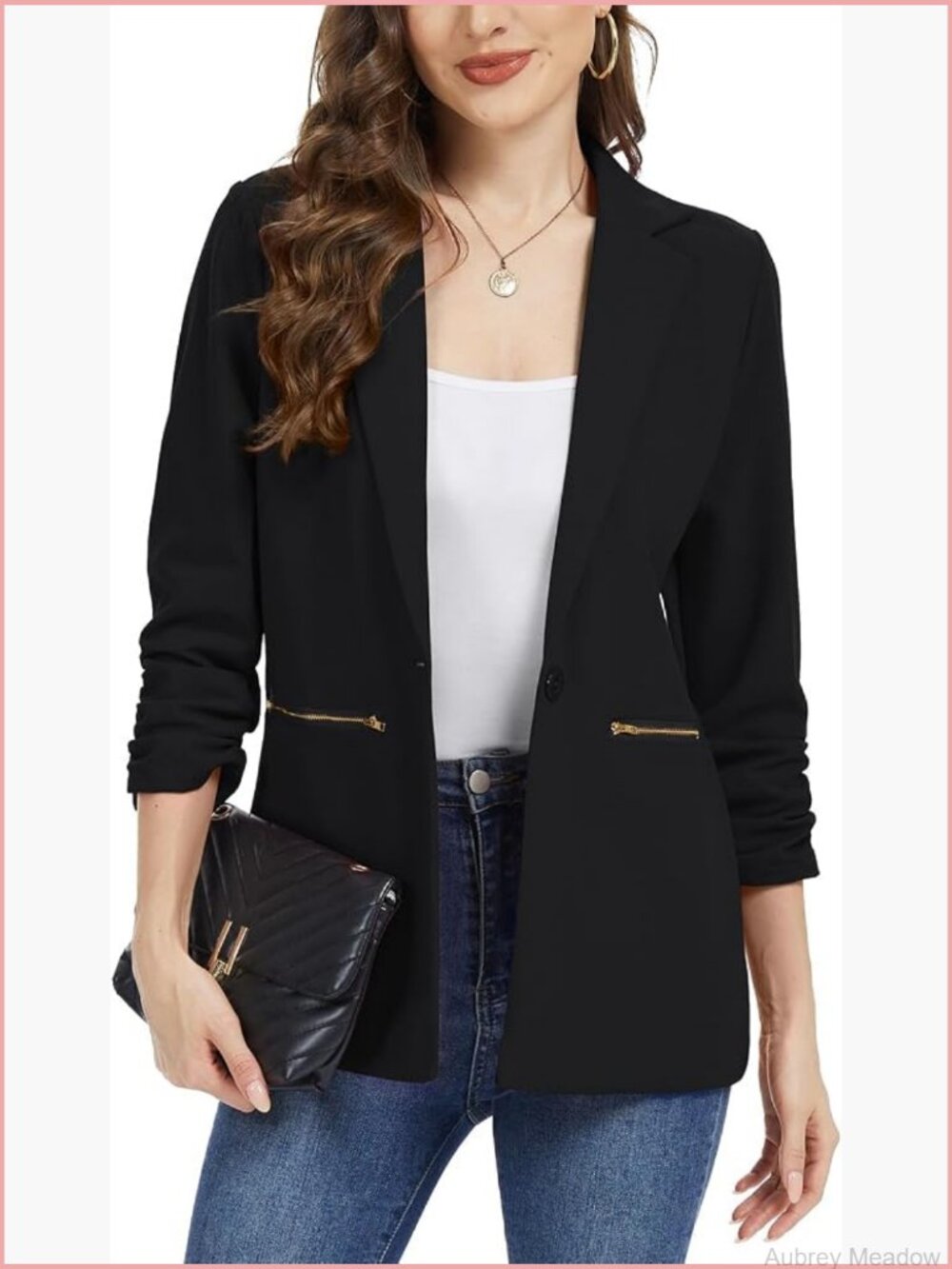 Women's 3/4 Sleeve Blazer with Zipper Pockets - Casual Work Jacket